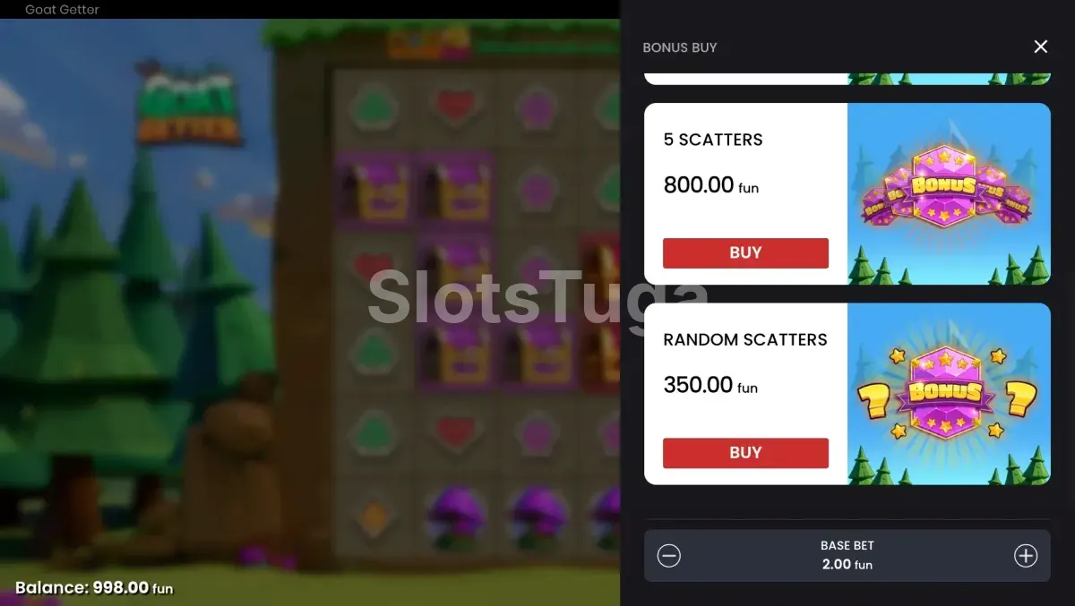 Menu de compra de bônus do Goat Getter com diferentes opções de entrada