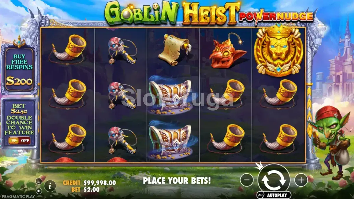 Tela principal do jogo Goblin Heist Powernudge com o goblin segurando o saco de tesouros