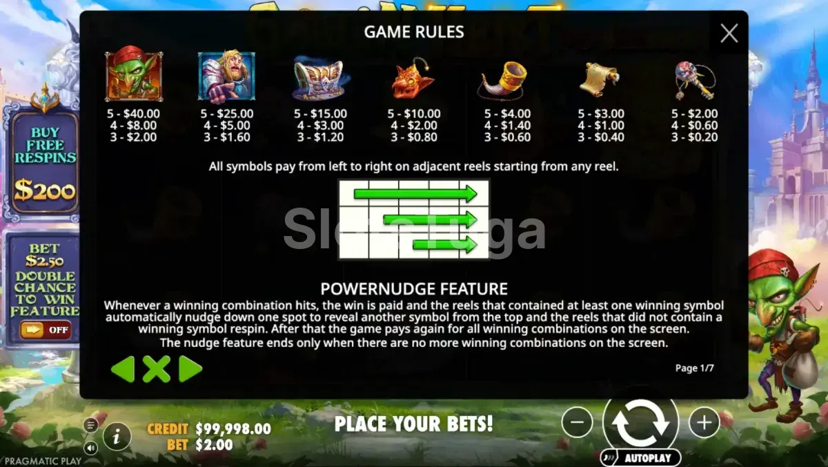 Tabela de pagamentos do Goblin Heist Powernudge mostrando os símbolos e seus valores