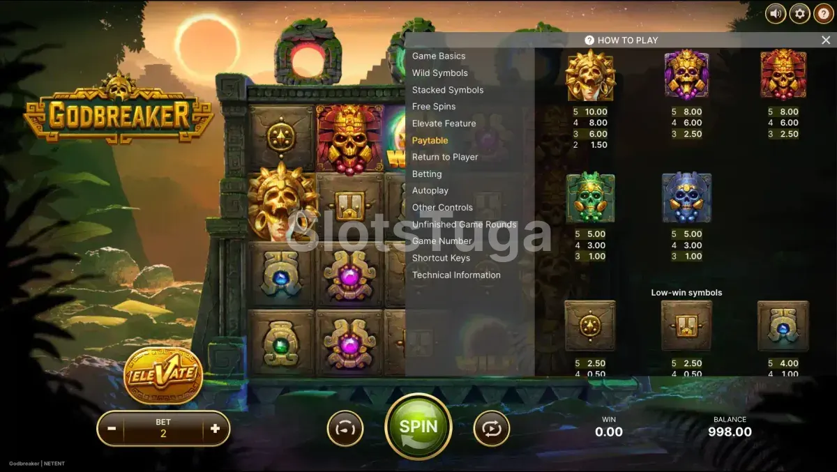 Tabela de pagamentos da slot Godbreaker mostrando os símbolos e prêmios