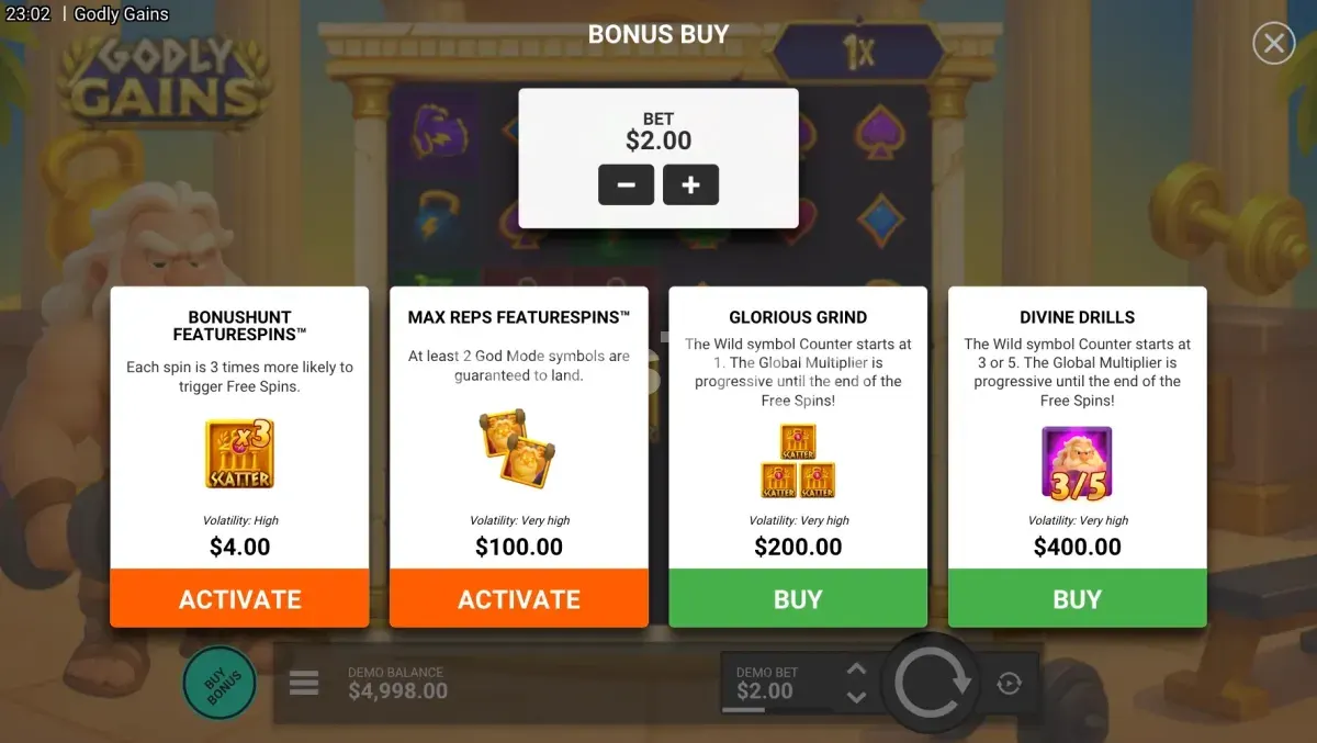 Tela de compra de bônus da slot Godly Gains