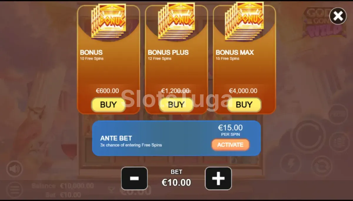 Tela de compra de bônus da slot Gods Gone Wild com as opções disponíveis