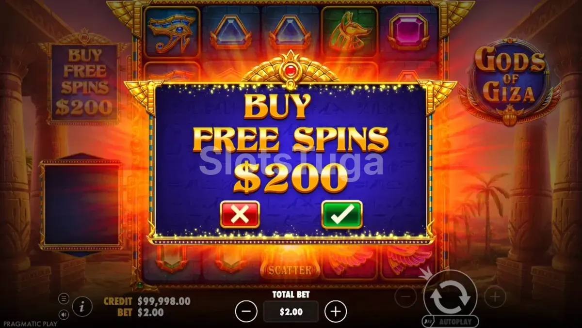 Tela de compra de bônus do Gods of Giza da Pragmatic Play