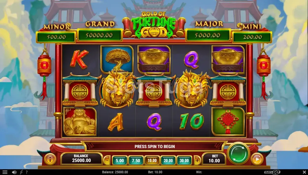 Tela principal do jogo Gold of Fortune God com todos os símbolos no grid