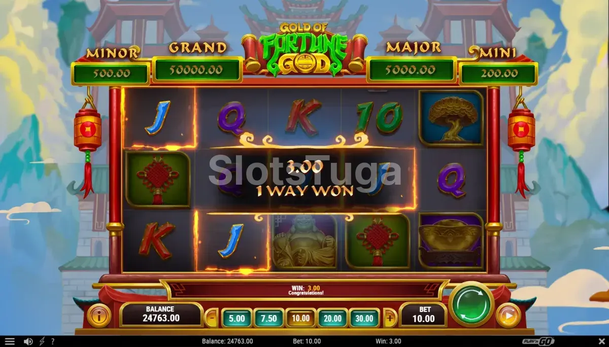 Resultado de rodada mostrando combinação vencedora no Gold of Fortune God