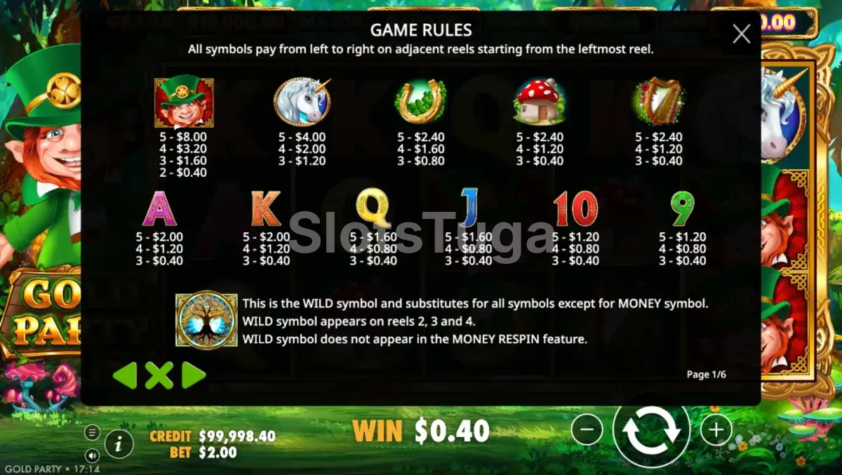 Tabela de pagamentos da slot Gold Party mostrando combinações vencedoras