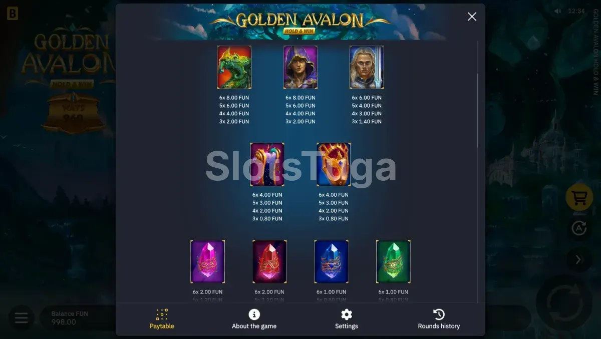 Tabela de pagamentos da Golden Avalon Hold & Win mostrando valores dos símbolos