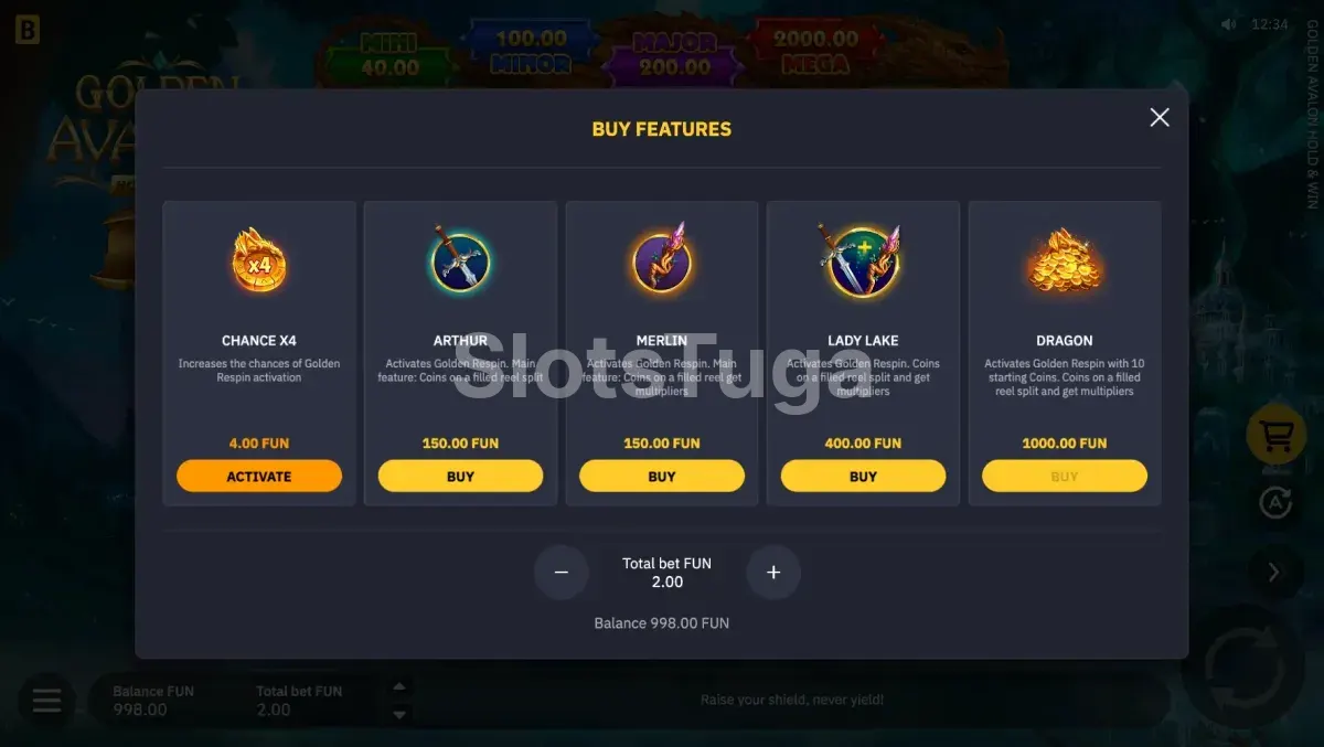 Tela de compra de bônus na Golden Avalon Hold & Win com opções disponíveis