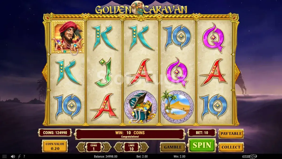 Jogo base da slot Golden Caravan com rouleaux e símbolos do deserto