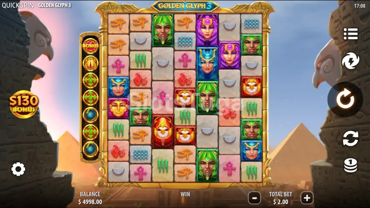 Tela principal do jogo Golden Glyph 3 com a grelha de 7 colunas