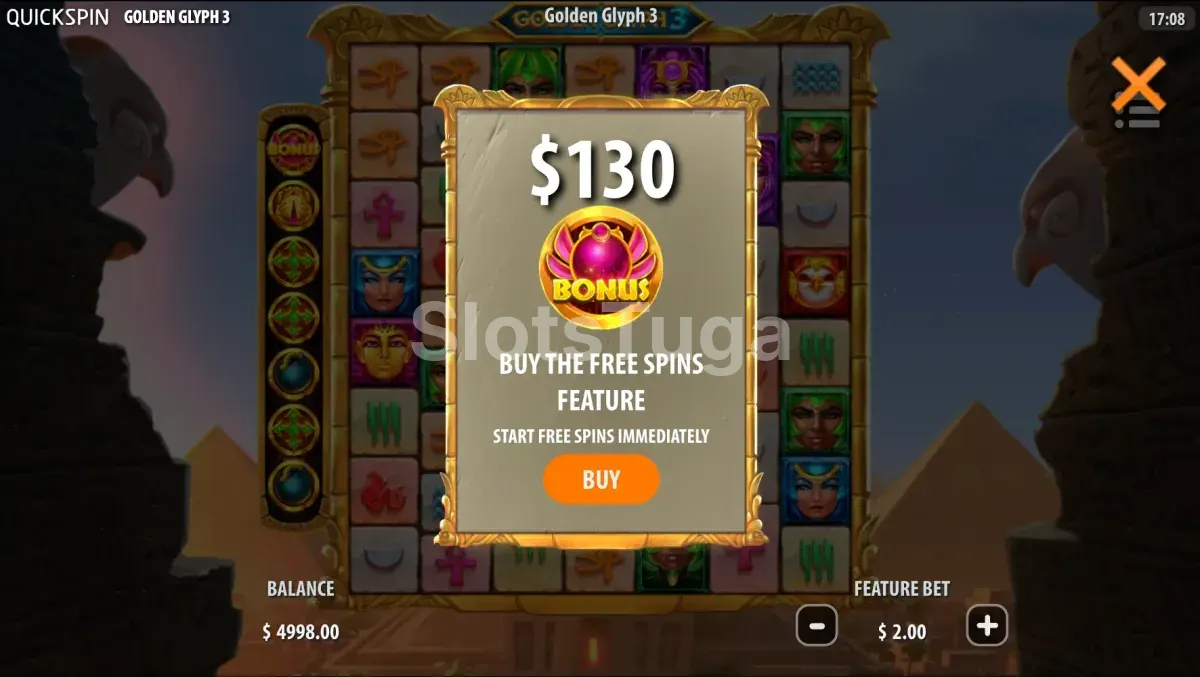 Tela de compra de bônus do Golden Glyph 3 com opção Bonus Buy