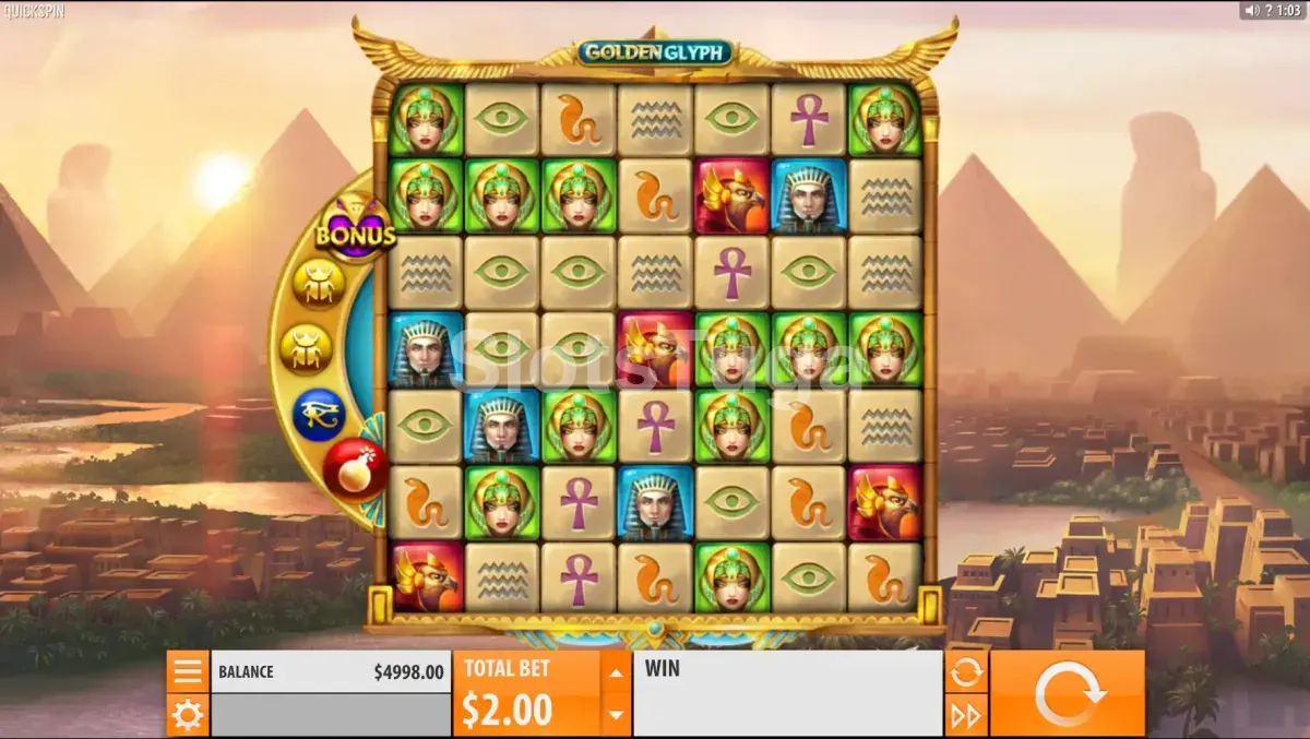 Tela principal da slot Golden Glyph com grade 7x7 e símbolos egípcios