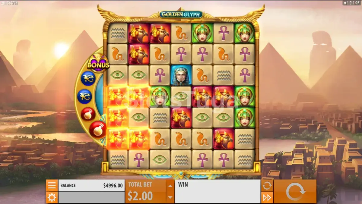 Rodada de giros grátis no Golden Glyph com o wild especial em ação