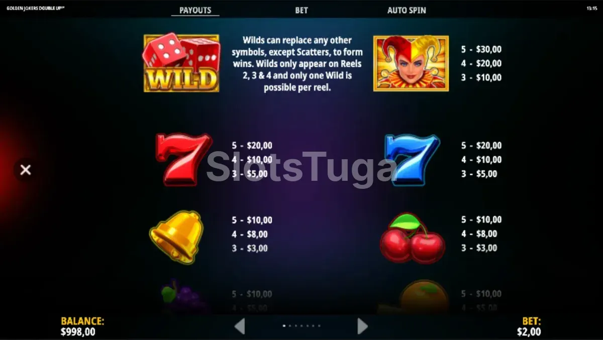 Tabela de pagamentos da Golden Jokers Double Up mostrando valores dos símbolos