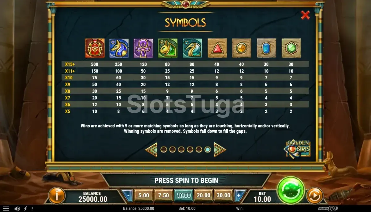 Tabela de pagamentos da slot Golden Osiris