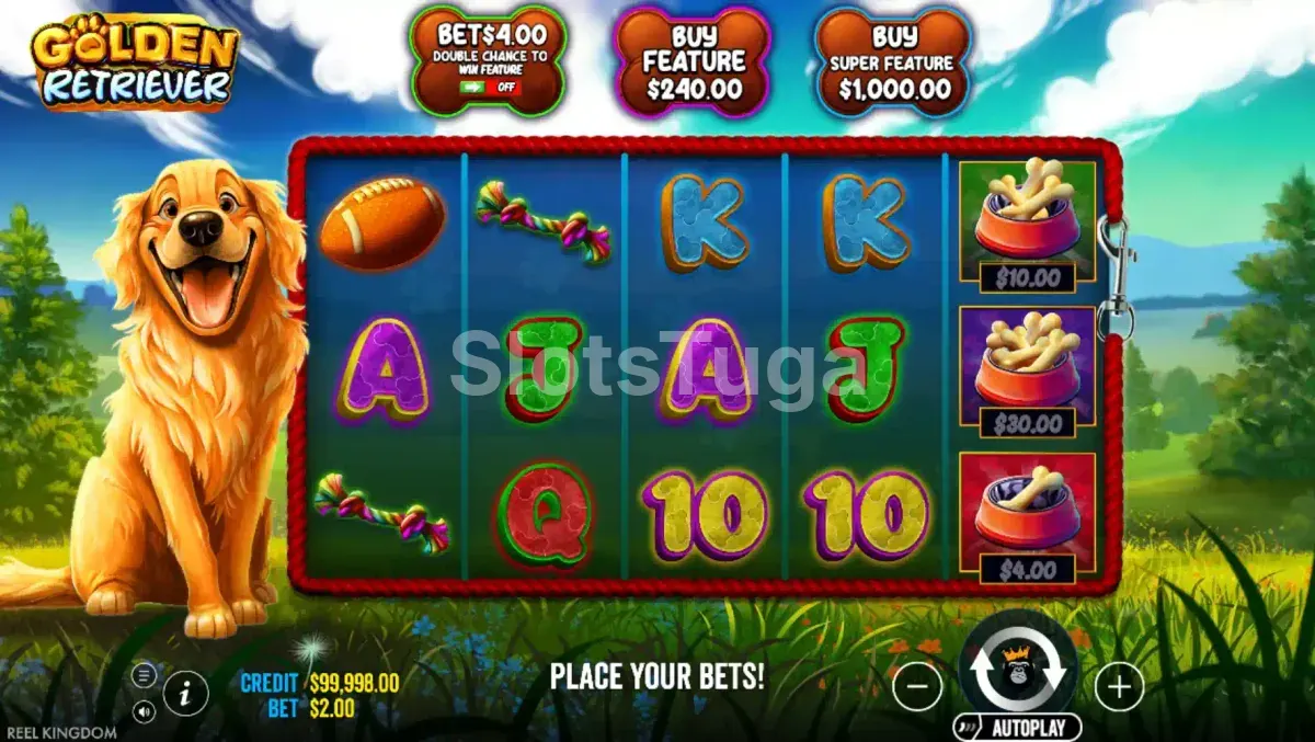 Tela principal do slot Golden Retriever com grade 5x3 e cenário campestre