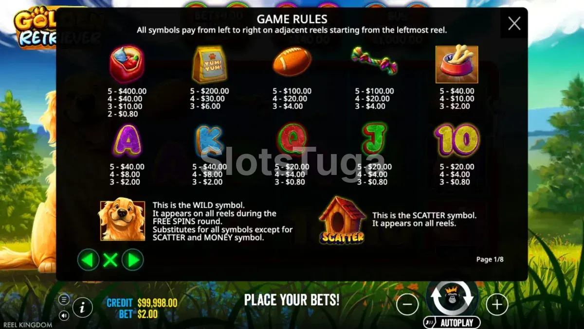 Tabela de pagamentos do slot Golden Retriever com símbolos e valores