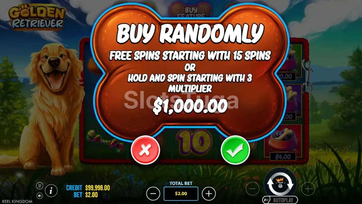Tela de compra de bônus do slot Golden Retriever com opções de 120x e 500x