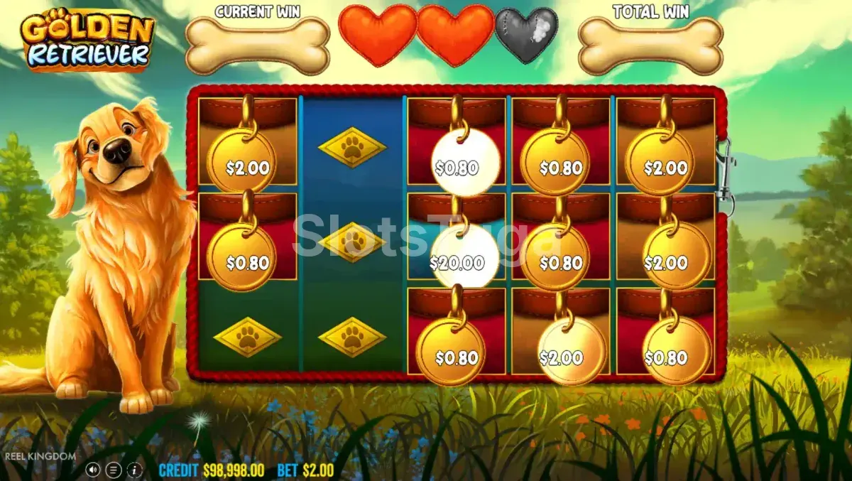 Rodadas grátis do slot Golden Retriever com Wilds e símbolos de dinheiro na tela