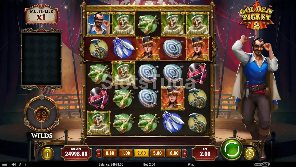 Jogo base da Golden Ticket 2 com grade 5x5 e símbolos circenses