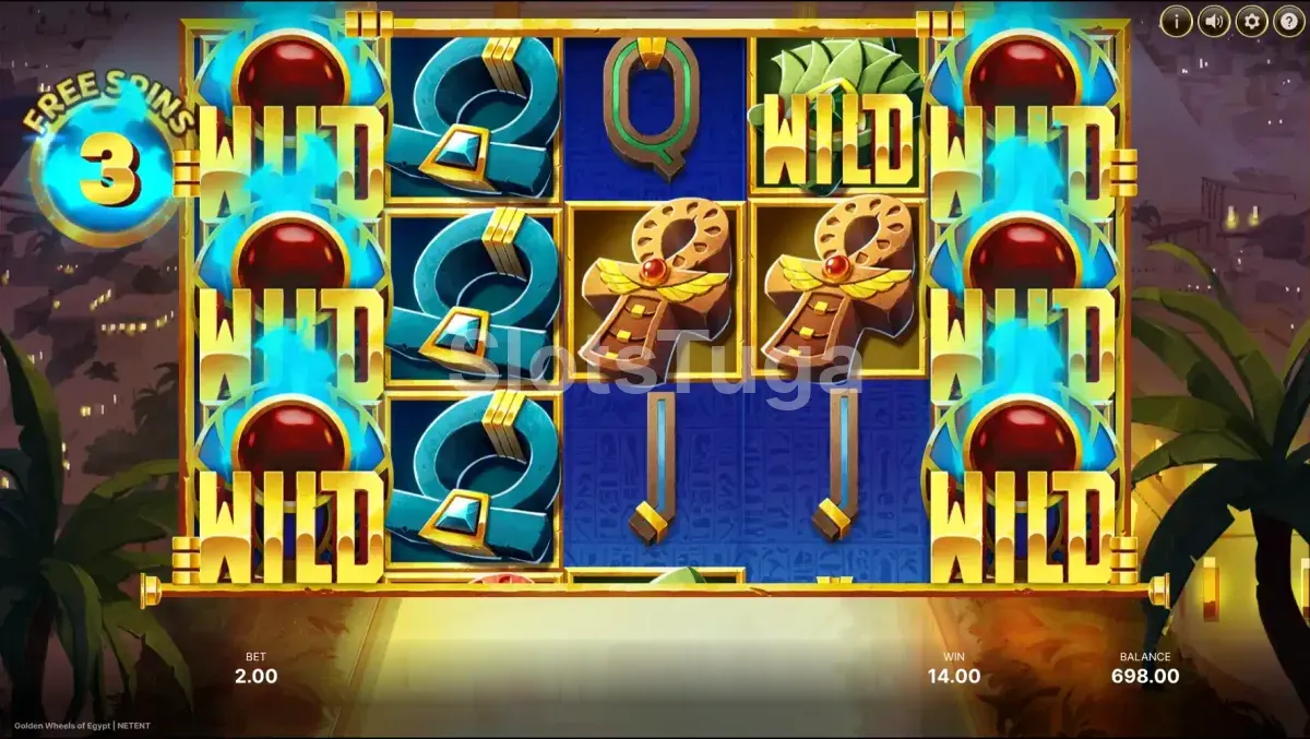 Rodadas grátis ativadas na slot Golden Wheels of Egypt