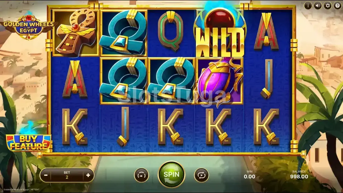 Jogo base da Golden Wheels of Egypt com símbolos dourados egípcios
