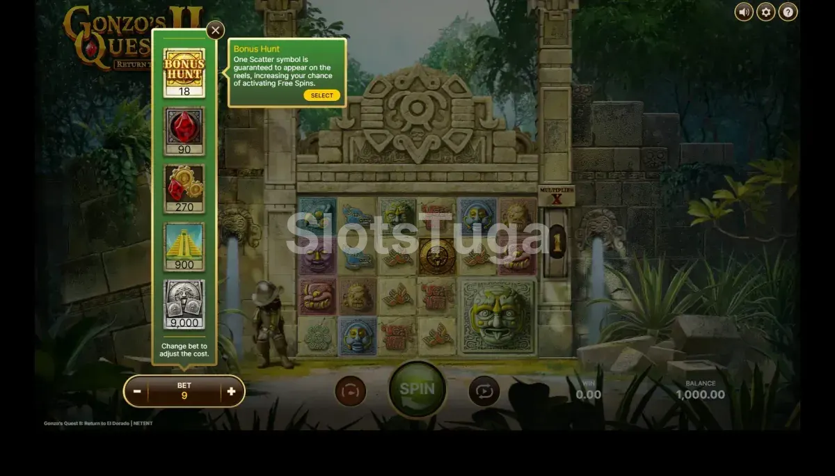 Tela de compra de bônus do Gonzo's Quest 2 com opções disponíveis