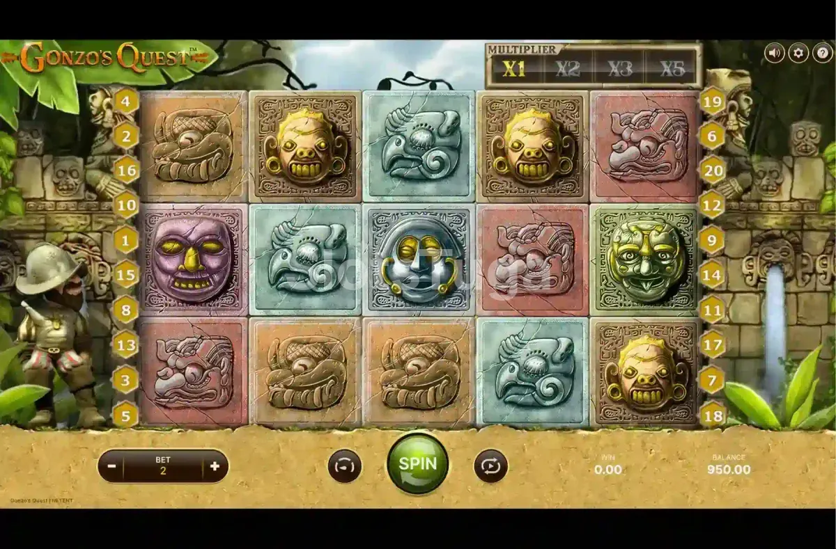 Gonzo's Quest em jogo base: grelha de cinco por três em blocos de pedra esculpidos com máscaras douradas, verdes, roxas e cinzentas, o medidor de multiplicador x1, x2, x3 e x5 no topo, as linhas numeradas dos dois lados e o conquistador Gonzo de capacete à esquerda, entre ruínas na selva.