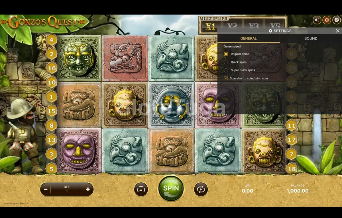 Painel de definições de Gonzos Quest com opções de aposta e som