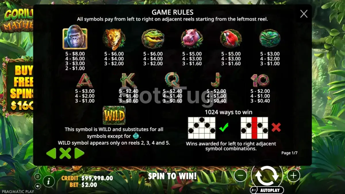 Tabela de pagamentos da Gorilla Mayhem mostrando símbolos e valores