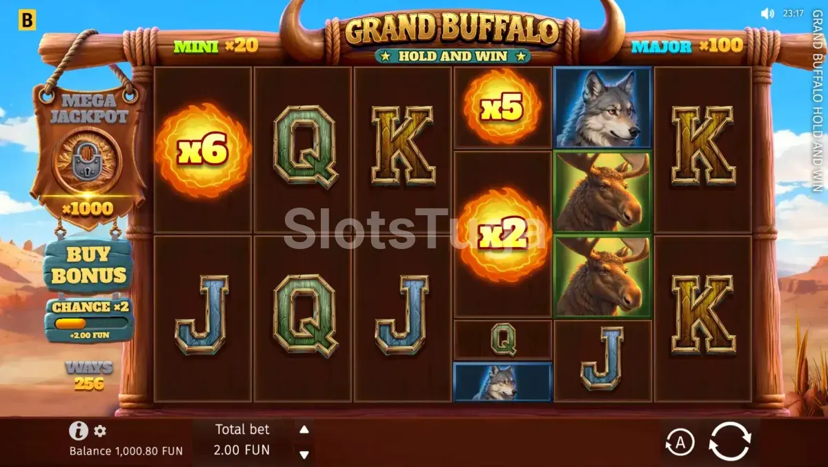 Tela principal do jogo Grand Buffalo Hold & Win com os rouleaux e símbolos do Oeste selvagem