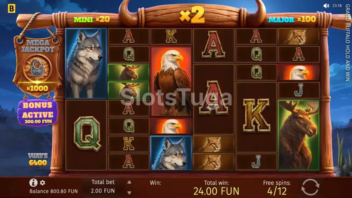 Tela de rodadas grátis ativadas na slot Grand Buffalo Hold & Win com multiplicadores
