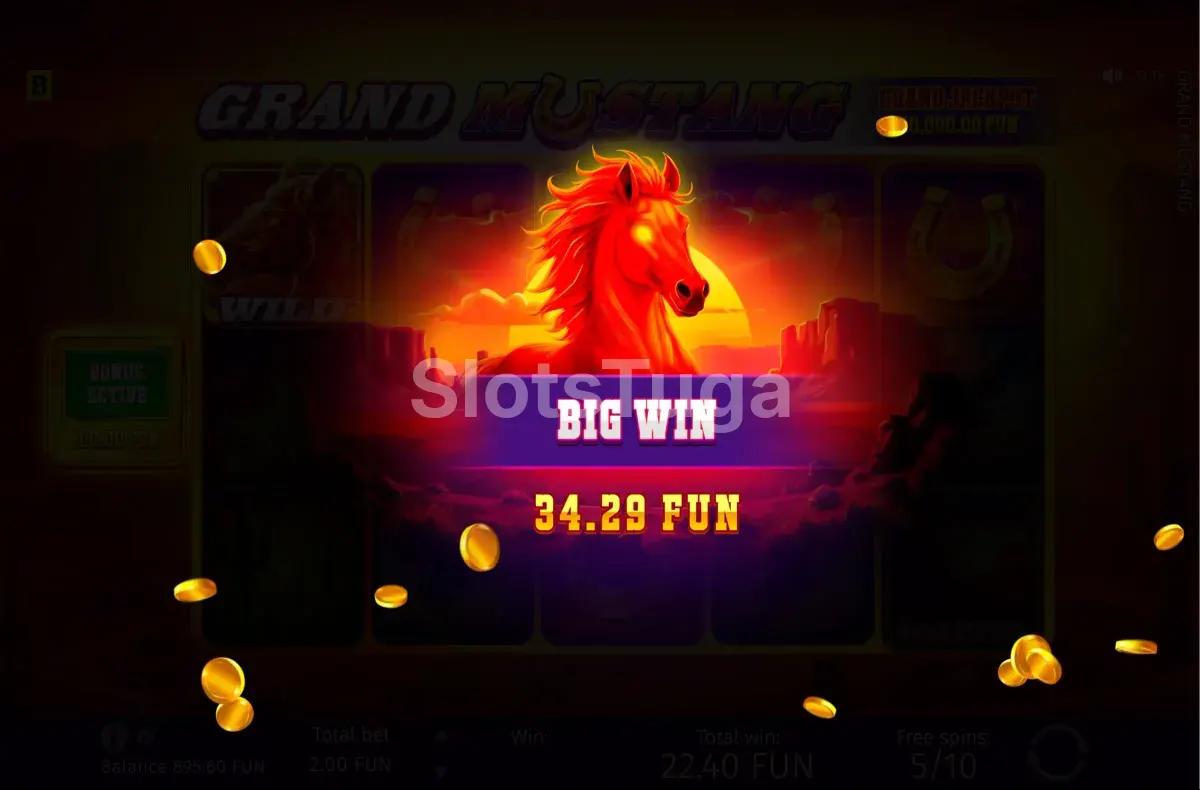 Grande vitória no Grand Mustang com a tela de big win iluminada