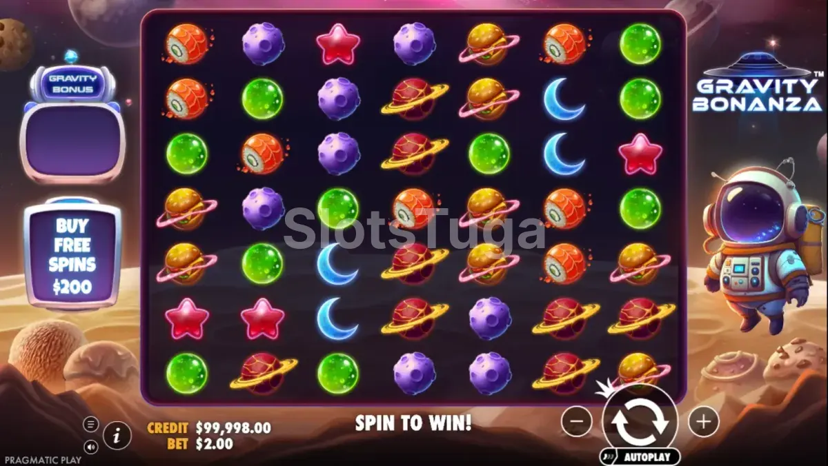 Tela principal do jogo Gravity Bonanza com grid 7x7 e cenário espacial