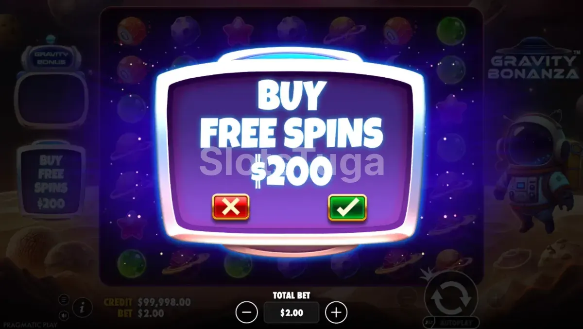 Tela de compra de bônus na Gravity Bonanza da Pragmatic Play