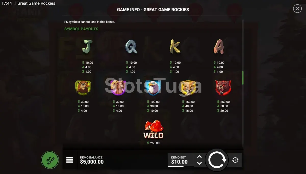 Tabela de pagamentos da slot Great Game Rockies mostrando animais e estrelas