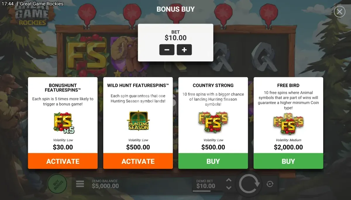 Menu de compra de bônus da slot Great Game Rockies com quatro opções disponíveis