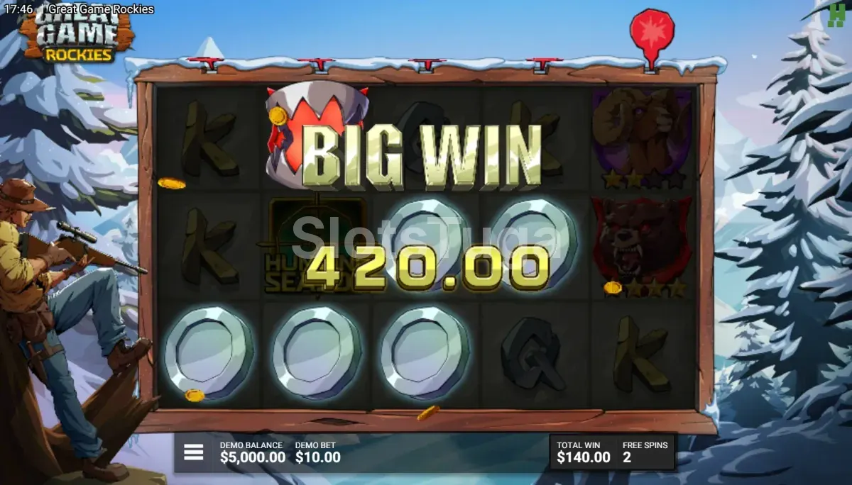 Grande vitória na slot Great Game Rockies com moedas douradas na tela