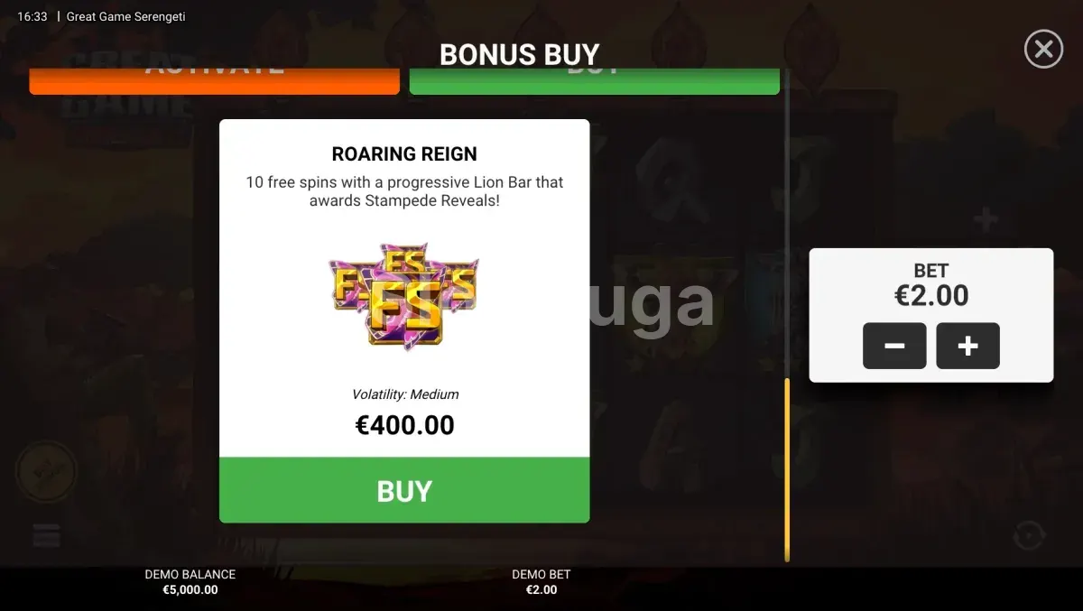 Opção de Bonus Buy na slot Great Game Serengeti para acesso direto ao bônus