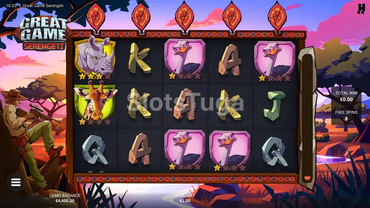 Rodadas grátis ativadas na slot Great Game Serengeti com wilds espalhados pelos rolos