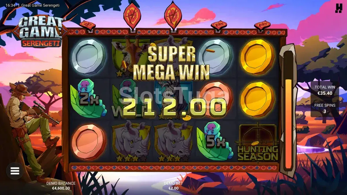 Grande vitória na slot Great Game Serengeti com multiplicadores em destaque