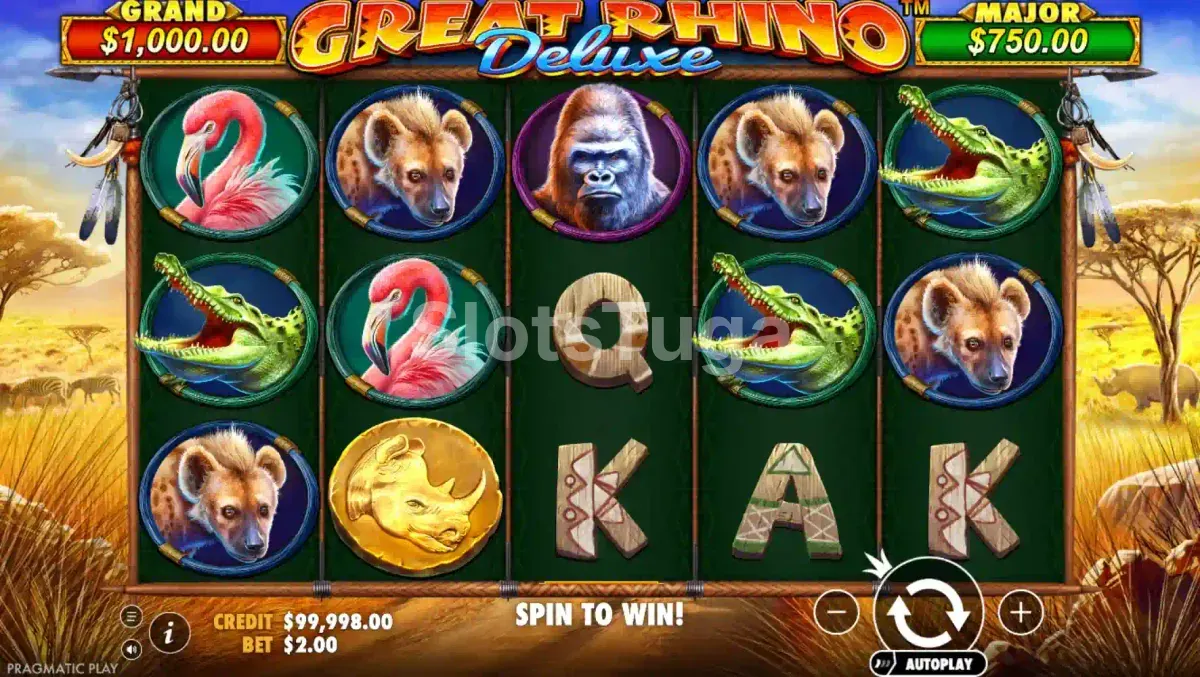 Jogo base do Great Rhino Deluxe com símbolos na savana