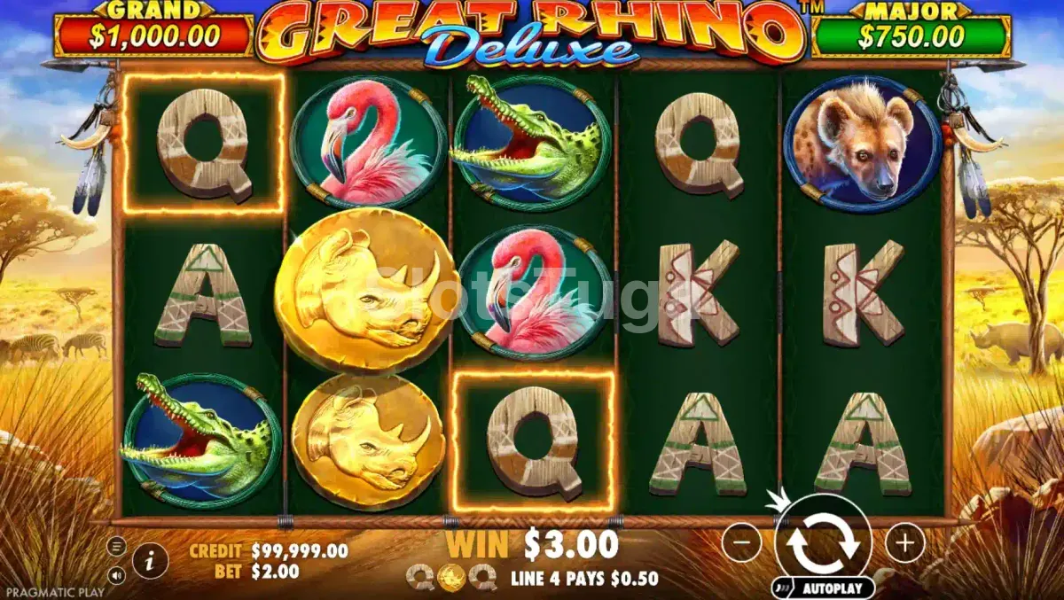Rodada base em andamento no slot Great Rhino Deluxe