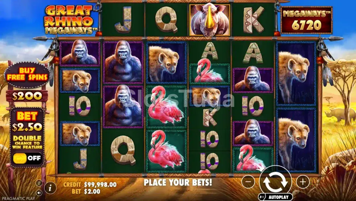 Jogo base da Great Rhino Megaways com rinocerontes na savana