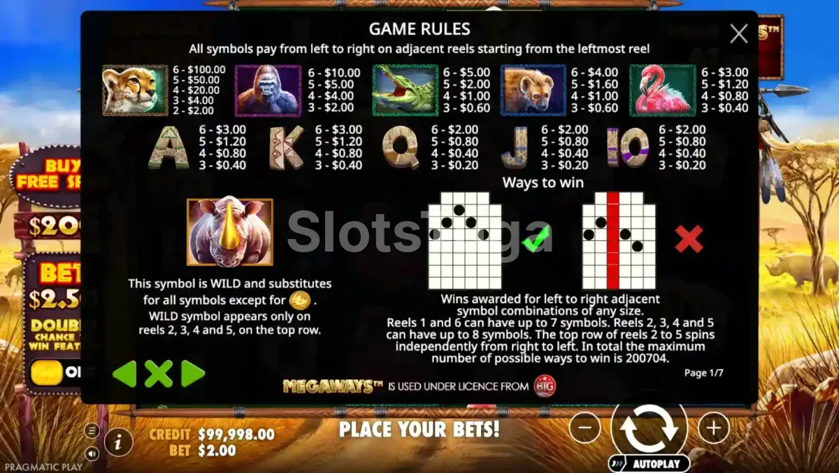 Tabela de pagamentos da Great Rhino Megaways com símbolos e valores
