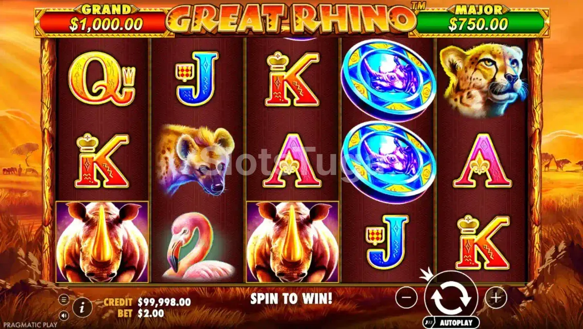Jogo base do Great Rhino com os rouleaux na savana africana