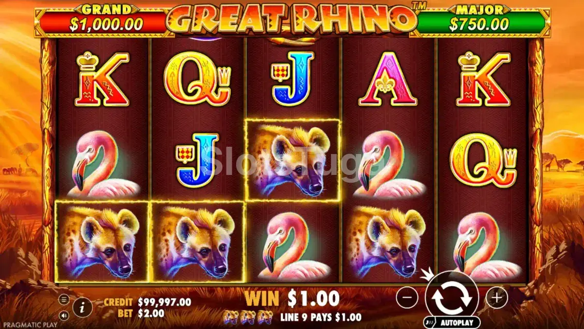 Segunda visão do jogo base do Great Rhino mostrando combinações vencedoras
