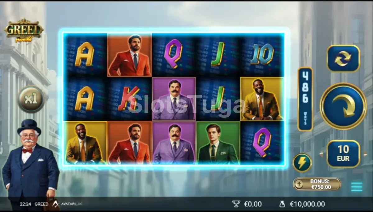 Tela principal do jogo Greed com os rouleaux em destaque