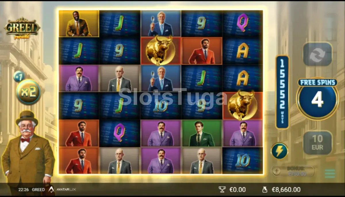 Modo de free spins ativado no Greed com multiplicadores na tela