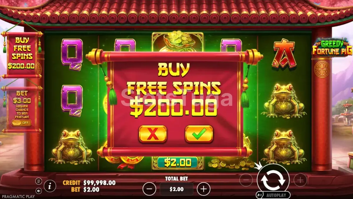 Tela de compra de bônus do Greedy Fortune Pig da Pragmatic Play